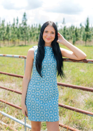 Blue Eyelet Lace Sleeveless Dress | Select Trends Boutique