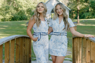 Blue Floral Belted Denim Dress