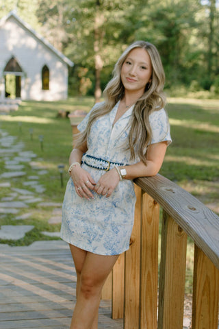 Blue Floral Belted Denim Dress