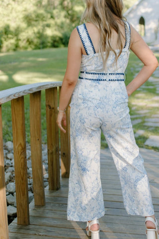 Blue Floral Belted Denim Jumpsuit - Select Trends Boutique