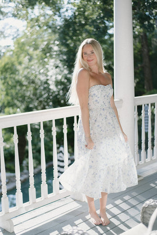 Blue Floral Bustier Midi Dress