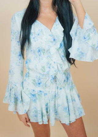 Blue Floral Long Sleeve Ruffle Romper | Select Trends Boutique
