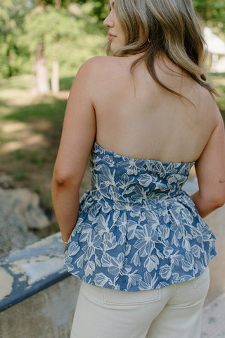 Blue Floral Peplum Tube Top