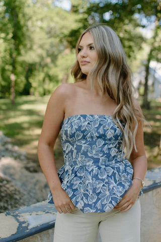 Blue Floral Peplum Tube Top