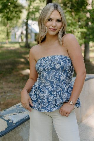 Blue Floral Peplum Tube Top