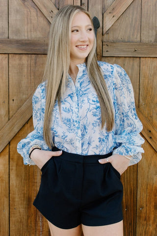 Blue Floral Ruffle Neck Blouse | Select Trends Boutique