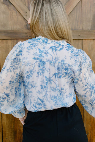 Blue Floral Ruffle Neck Blouse