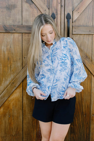 Blue Floral Ruffle Neck Blouse