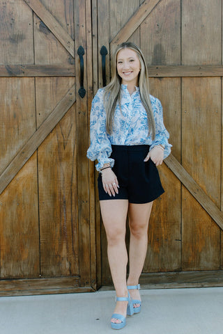 Blue Floral Ruffle Neck Blouse