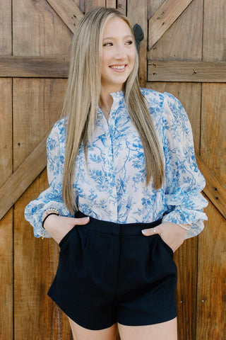 Blue Floral Ruffle Neck Blouse