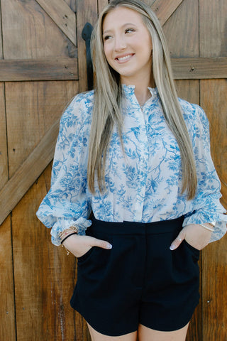 Blue Floral Ruffle Neck Blouse