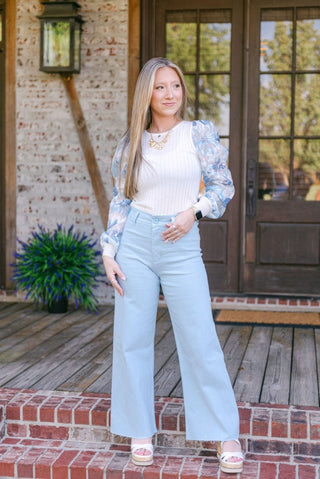 Blue Floral Sleeve Knit Top | Select Trends Boutique