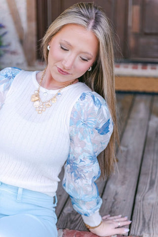 Blue Floral Sleeve Knit Top | Select Trends Boutique