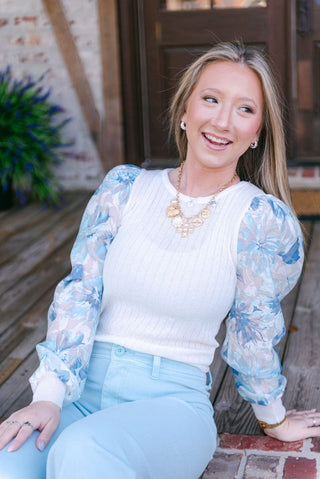 Blue Floral Sleeve Knit Top | Select Trends Boutique