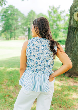 Blue Floral & Stripe Peplum Bow Top - Select Trends Boutique
