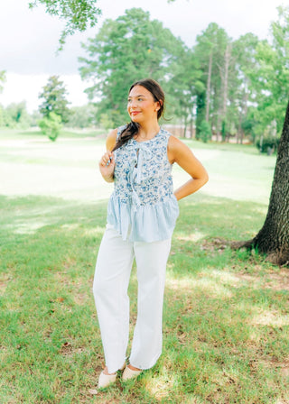 Blue Floral & Stripe Peplum Bow Top - Select Trends Boutique