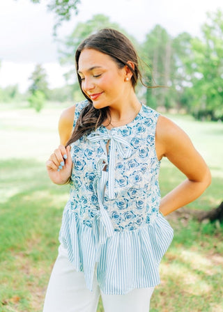 Blue Floral & Stripe Peplum Bow Top - Select Trends Boutique