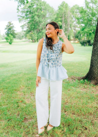 Blue Floral & Stripe Peplum Bow Top - Select Trends Boutique