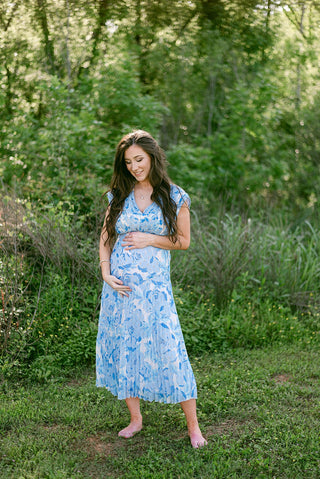 Blue & Gold Pleated Midi Dress