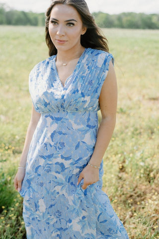 Blue & Gold Pleated Midi Dress | Select Trends Boutique