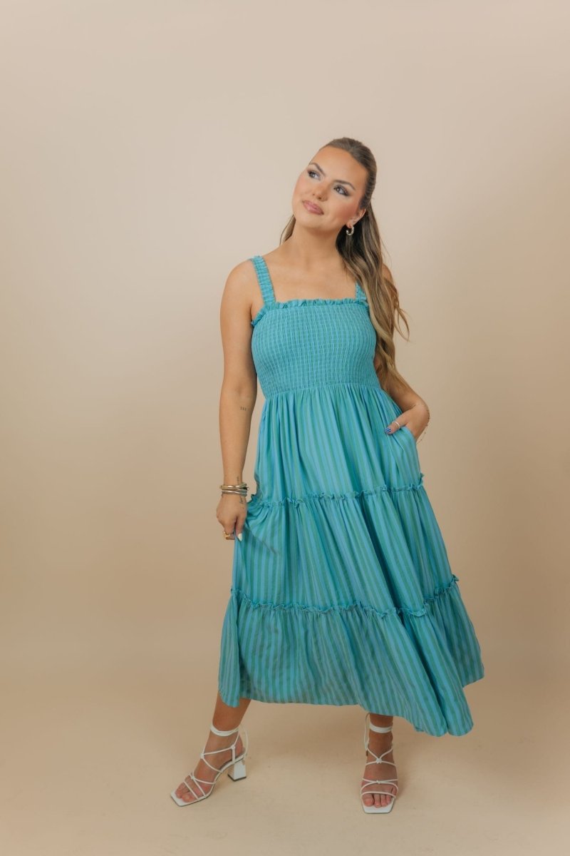 Blue & Green Striped Midi Dress
