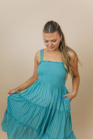 Blue & Green Striped Midi Dress | Select Trends Boutique