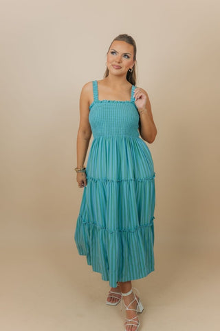 Blue & Green Striped Midi Dress | Select Trends Boutique