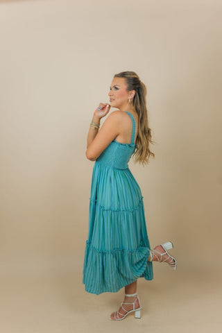 Blue & Green Striped Midi Dress | Select Trends Boutique