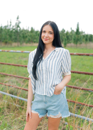 Blue Lace Trim Striped Button Up | Select Trends Boutique
