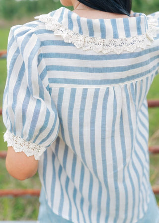 Blue Lace Trim Striped Button Up | Select Trends Boutique