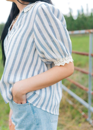 Blue Lace Trim Striped Button Up | Select Trends Boutique