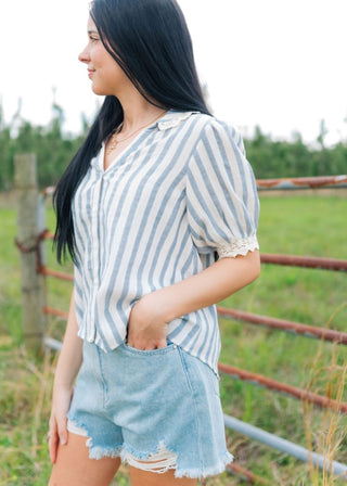 Blue Lace Trim Striped Button Up | Select Trends Boutique