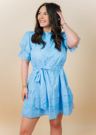 Blue Lace Trim Tie Waist Dress | Select Trends Boutique