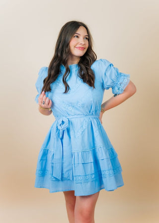 Blue Lace Trim Tie Waist Dress | Select Trends Boutique