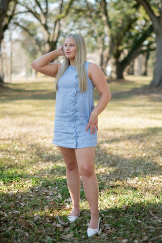 Blue Linen Button Up Scallop Dress - Select Trends Boutique