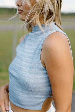 Blue Metallic Mock Neck Crop Top | Select Trends Boutique