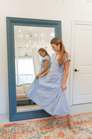 Blue Pinstripe Smocked Waist Midi Dress - Select Trends Boutique