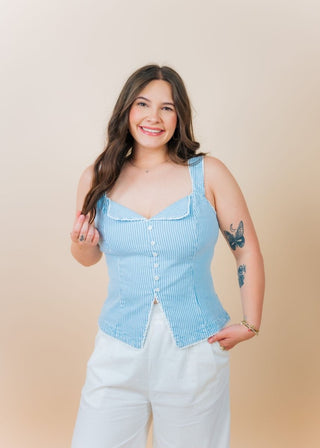 Blue Pinstriped Button Up Top | Select Trends Boutique