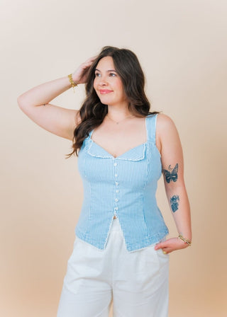 Blue Pinstriped Button Up Top | Select Trends Boutique