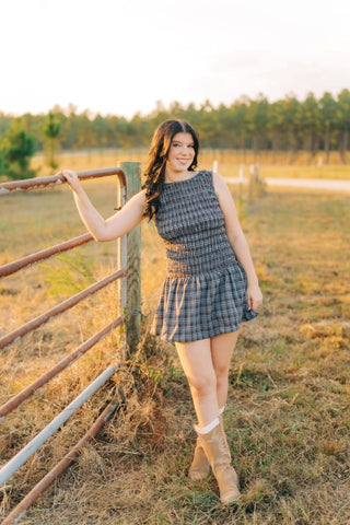 Blue Plaid Drop Waist Smocked Romper | Select Trends Boutique
