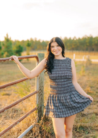 Blue Plaid Drop Waist Smocked Romper | Select Trends Boutique
