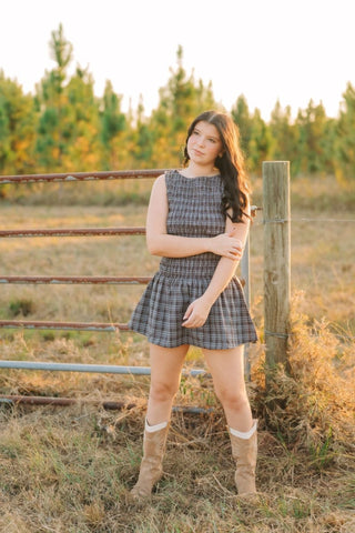 Blue Plaid Drop Waist Smocked Romper | Select Trends Boutique