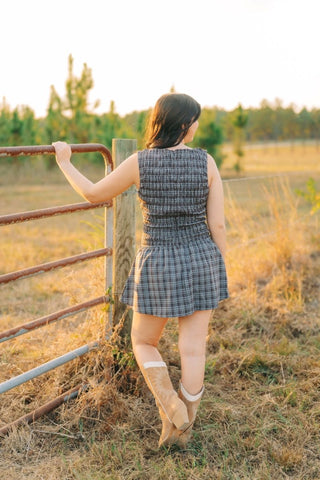 Blue Plaid Drop Waist Smocked Romper | Select Trends Boutique