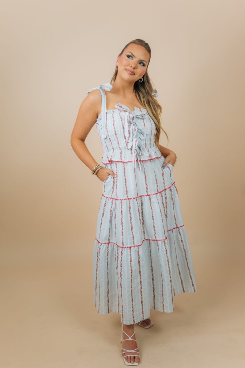 Blue & Red Floral Tiered Maxi Dress