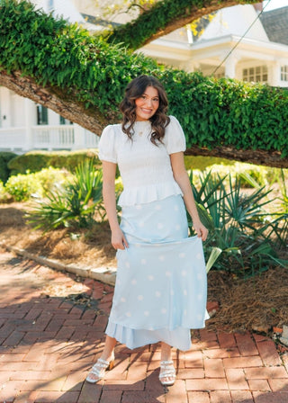 Blue Satin Polka Dot Maxi Skirt | Select Trends Boutique