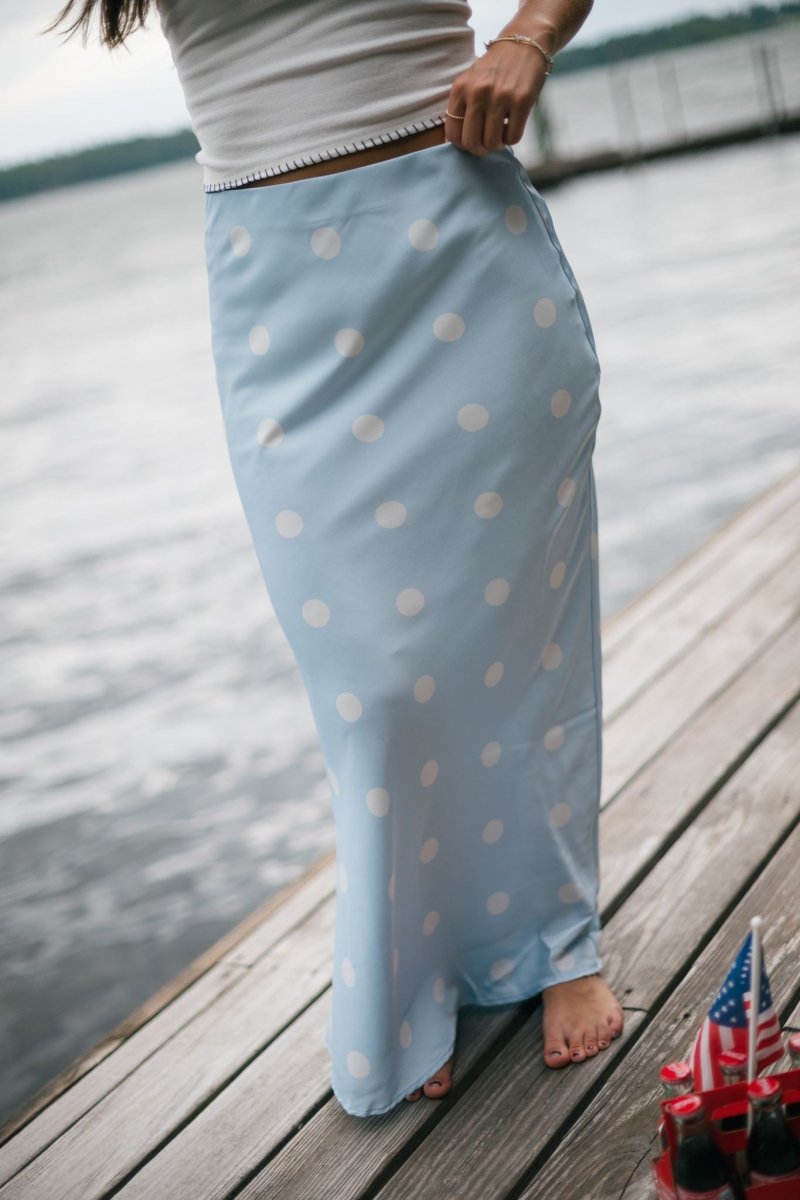 Blue Satin Polka Dot Maxi Skirt