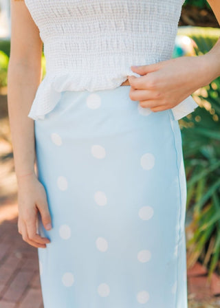 Blue Satin Polka Dot Maxi Skirt | Select Trends Boutique