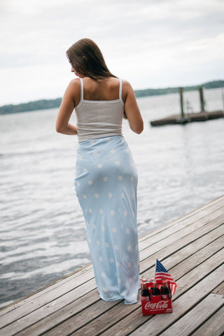 Blue Satin Polka Dot Maxi Skirt | Select Trends Boutique