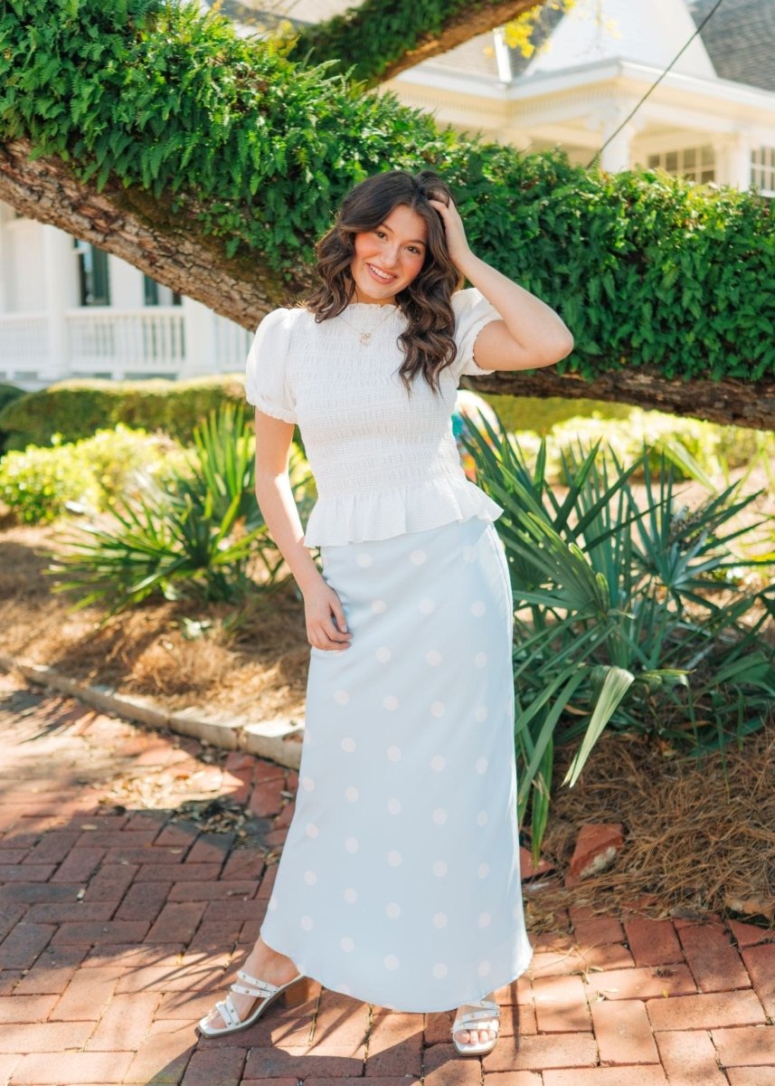 Blue Satin Polka Dot Maxi Skirt