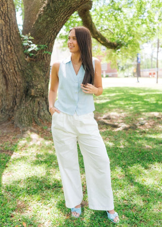Blue Sleeveless Button Up Top | Select Trends Boutique